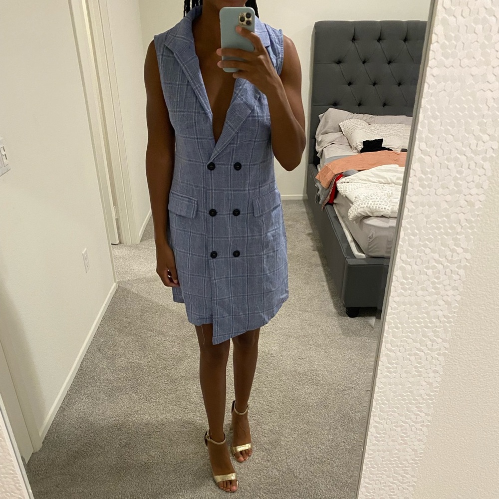 Blue, plaid, sleeveless, midi dress
